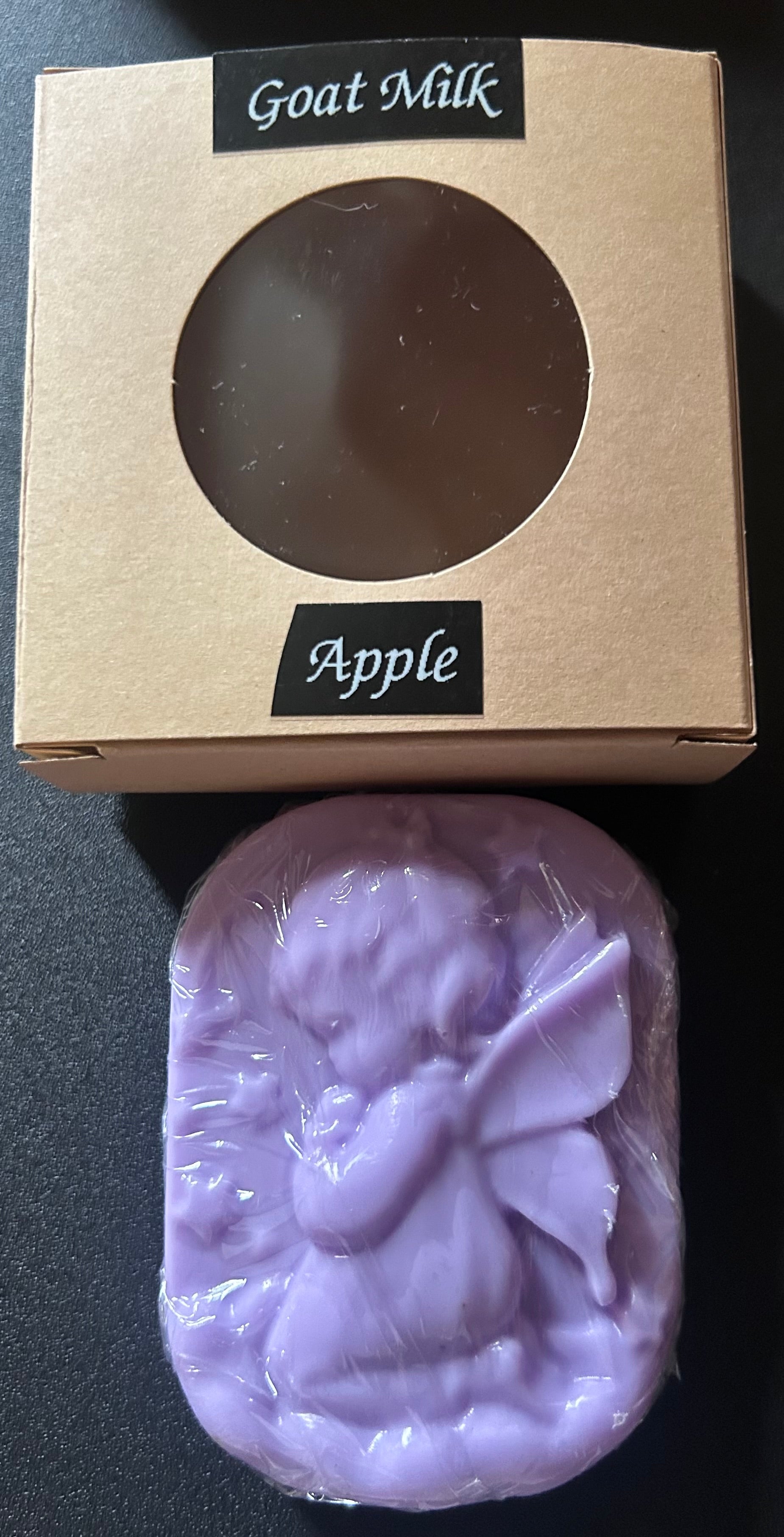 Purple soap with fairy design in a 'Goat Milk Apple' box 