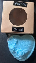 Blue heart-shaped soap with 'Goat Milk Coconut' 